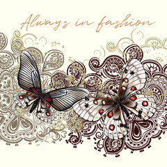 Naklejki  Ilustracja wektorowa moda z motylami i ornamentem