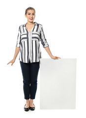 Fototapeta premium Young woman with blank advertising board on white background