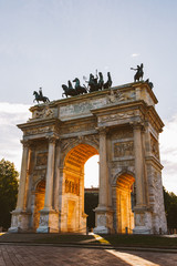 Fototapeta na wymiar Arch of Peace in Sempione Park, Milan, Lombardy, Italy. Arco della Pace aka Porta Sempione in Milan, Italy