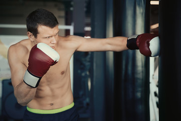 Boxer training with punchbag in gym