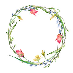 Easter wreath of flowers and twigs. Isolated on white background. 