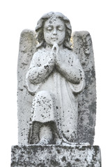 Vintage image of a sad angel on a cemetery. Weathered angelic cherub sculpture with wings. Angel...