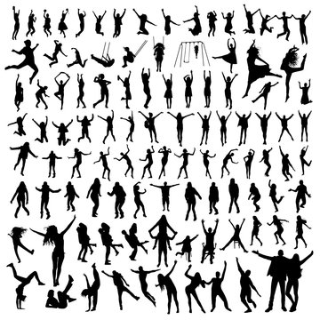 Set of jumping people silhouettes