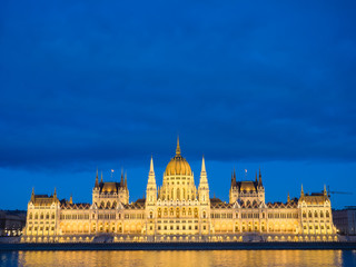 Budapest Parliament building in the evening.