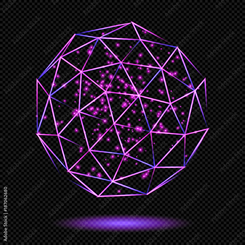 Wall mural pink shining regular polyhedron with sparks on transparent background - vector glowing neon element