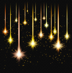 Yellow Shine Flare Flash Star Rain with Sparks  on Transparent Background  - Vector Radiant Starfall
