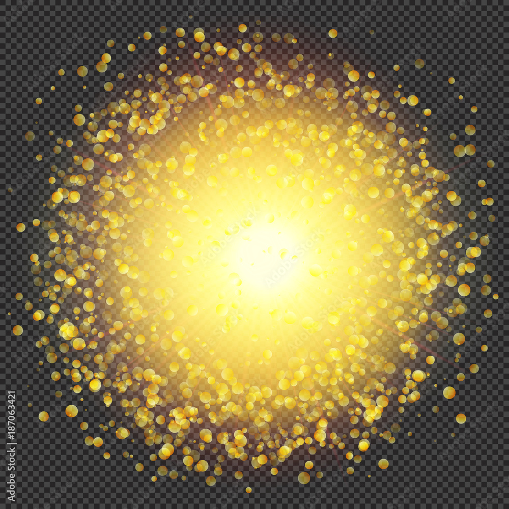 Wall mural sunshine flare flash with sparks and bokeh effect on transparent background - vector radiant sparkle