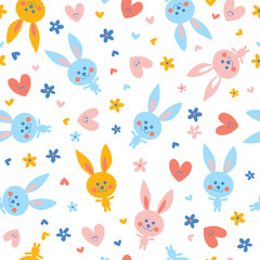 cute baby bunnies flowers and hearts seamless pattern