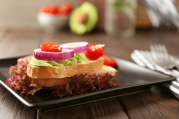 Delicious sandwich on plate, closeup