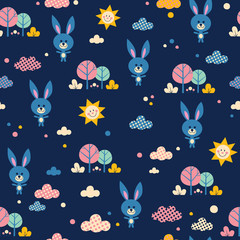cute bunnies in forest seamless pattern