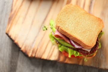 Delicious sandwich on wooden board, closeup