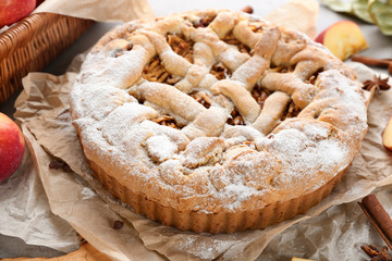 Delicious apple pie on table