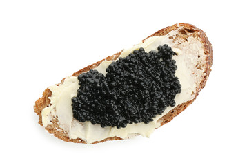 Bread with black caviar and butter on white background