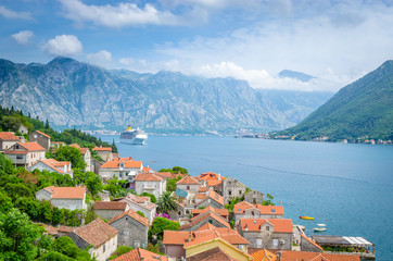 Naklejka na ściany i meble beautiful mediterranean landscape. Mountains near town Perast, Kotor bay (Boka Kotorska), Montenegro.