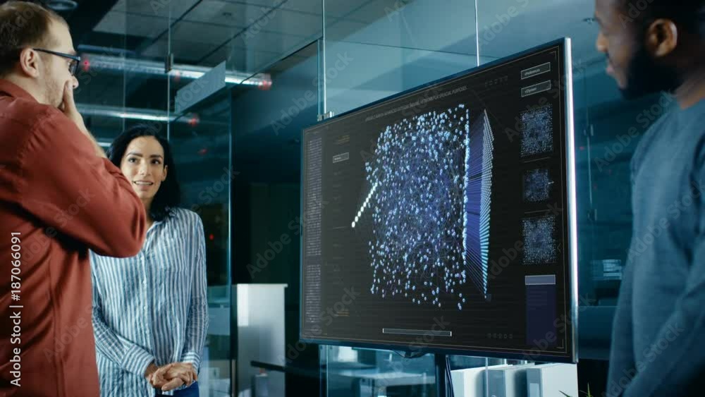 Aufkleber diverse team of computer engineers discuss neural network representation shown on a wall tv. shot on