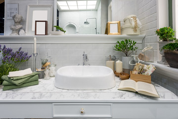 Naklejka na ściany i meble Interior of bathroom with sink basin faucet and mirror. Modern design of bathroom.