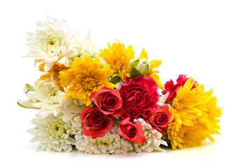 floral bouquet of daisy and rose flowers on white background
