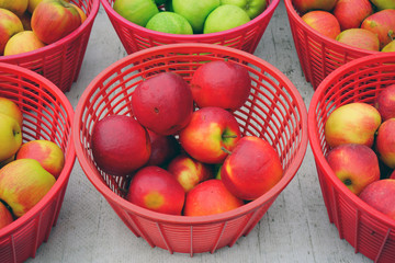 Red baskets of fresh heirloom apples at a French farmers market