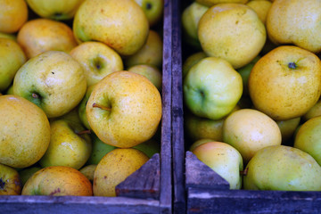 Crates of fresh heirloom apples at a French farmers market