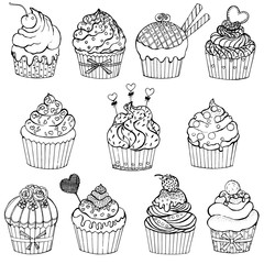 Hand drawn sketch set of cupcakes. Vector illustration isolated on white background.