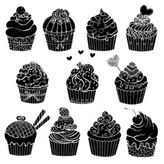 Hand drawn sketch set of cupcakes. Vector illustration isolated on white background.