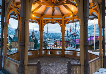 View of Tromso from town square in winter
