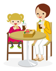 Cartoon Mother and Daughter have a lunch with a cafe table