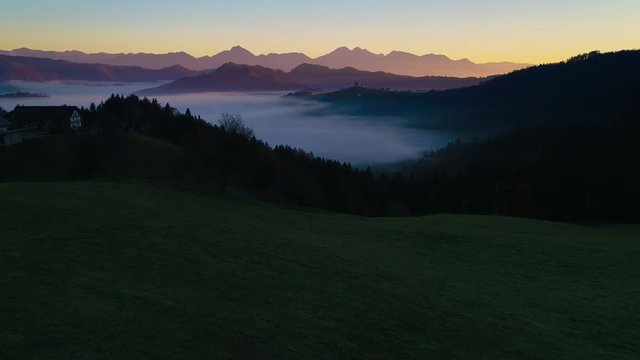Aerial drone view over mountain forest and Sava valley, Slovenia, Europe