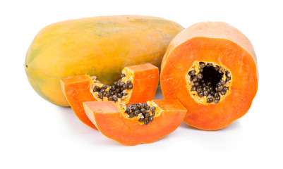 slices of sweet papaya on white background