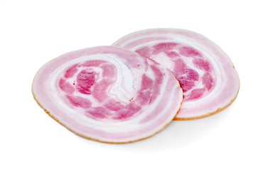 Sliced smoked ham isolated on white background.