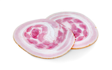 Sliced smoked ham isolated on white background.