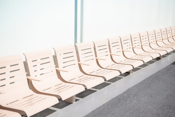 A long row of empty seats. 