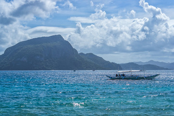El Nido bay scenic islands view with bangka boats, Palawan, Philippines