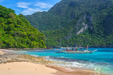 El Nido bay scenic islands view with bangka boats, Palawan, Philippines