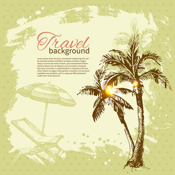 Travel hand drawn vintage tropical design. Splash blob retro background