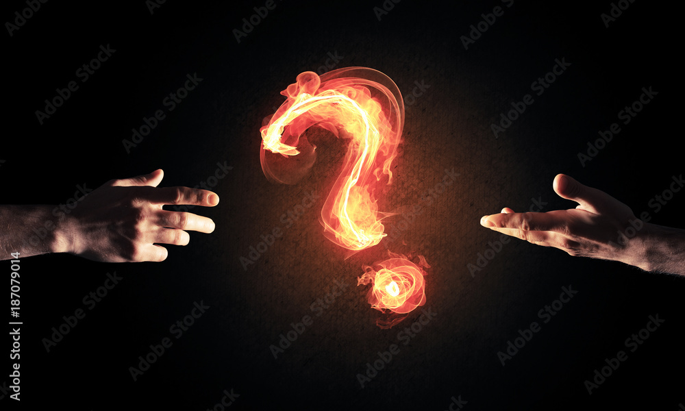 Poster concept of help or support with fire burning question mark and c