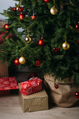 Christmas tree with golder patchwork ornament for new year 2018