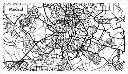 Madrid Spain Map in Black and White Color.