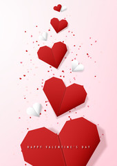 Happy valentine's day and love vector card and poster design with origami heart and confetti.Illustration eps10.