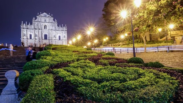 4K Time Lapse Night View Ruins Of Saint Paul's Cathedral Landmark Travel Place Of Macau  