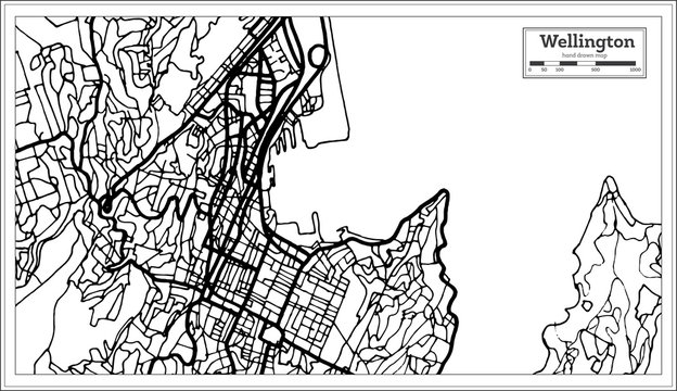 Wellington New Zealand City Map in Black and White Color.