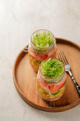 Healthy Homemade Mason Jar Salad with Tuna and Veggies - Healthy food, Diet, Detox, Clean Eating or Vegetarian concept