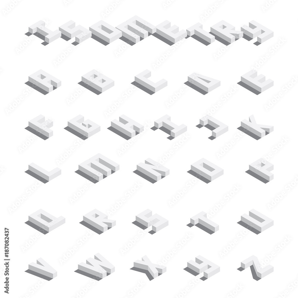 Poster isometric english letters from a to z laying down with drop shadows. based on blocks collection isol