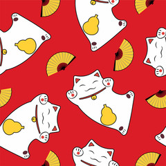 seamless pattern of a traditional luck symbol maneki neko cat paws up and an open fan on a red background