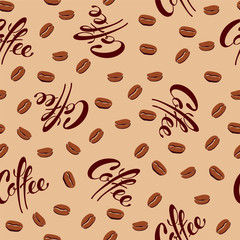 seamless pattern of coffee beans and lettering coffee on caramel background