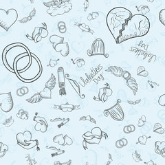 seamless pattern illustration of the symbols of the holiday Valentines Day blue background