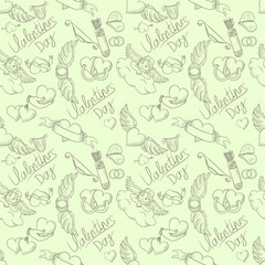 seamless pattern illustration of the symbols of the holiday Valentines Day green background