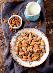 Almond milk and almond nuts.