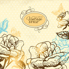 Vintage floral background. Hand drawn illustration of roses and butterflies