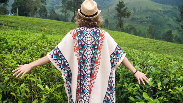 Happy Traveler Woman In Poncho And Straw Hat Walking At Tea Plantation. Slow Motion. 4K. 